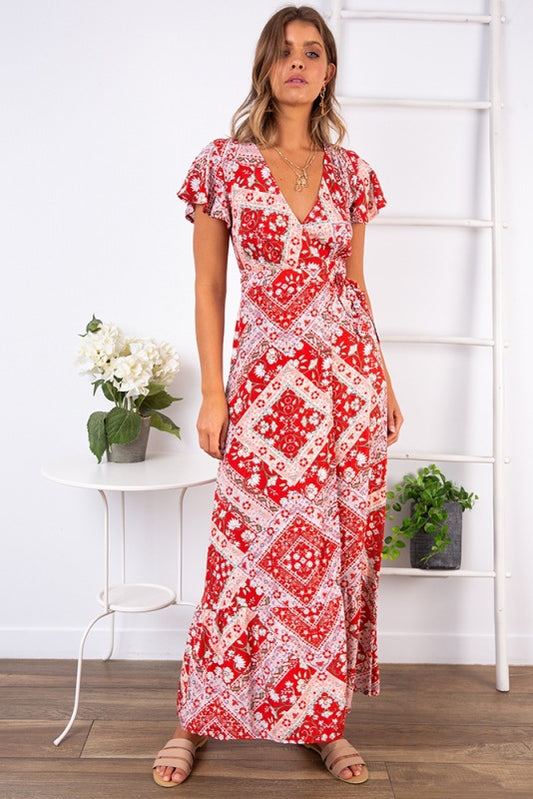 Printed Sexy V-neck Short Sleeved Dress CD324