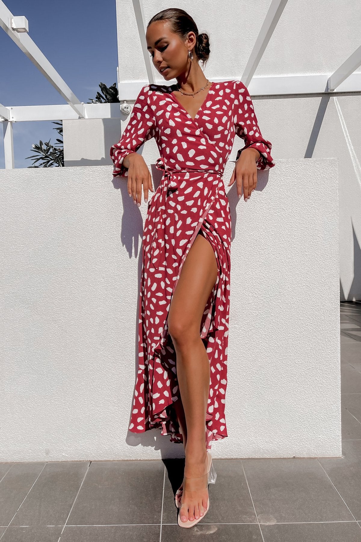 Leopard Print Long Sleeve V-neck High Waist Dress CD297