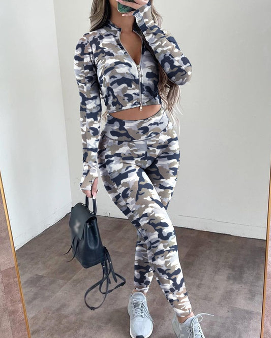 Printed Long Sleeve Zipper Sports Knitted Top & Pant Sets