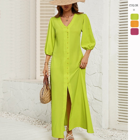 Women's V-neck Buttoned Five-sleeve Dress CD543