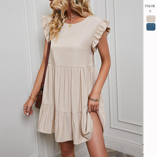Women's Round Neck Ruffle Sleeve Short Dress CD536
