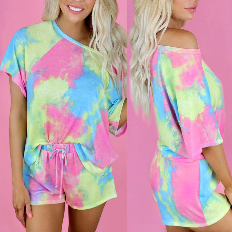 Tie-dyed Printed Short Sleeved Round Neck Suit CD625
