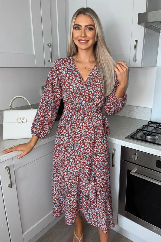 V-neck Floral and Lotus Leaf Lace Up Irregular Dress CD330