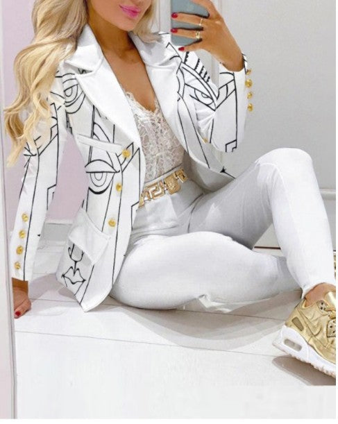 Women's Lapel Neck Patterned Suit Jacket & Pant Sets