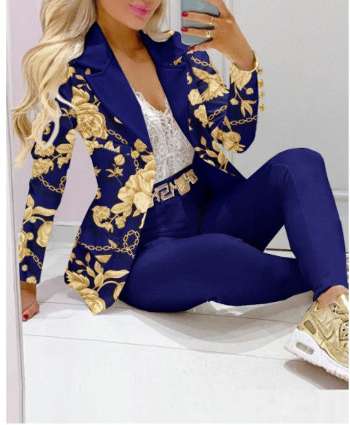 Women's Lapel Neck Patterned Suit Jacket & Pant Sets