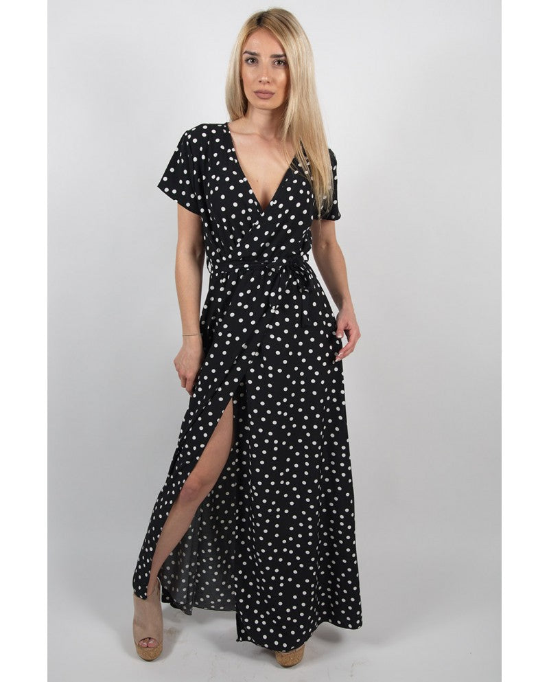 Polka Dot Printed Low Cut Short Sleeved Slit Dress CD310
