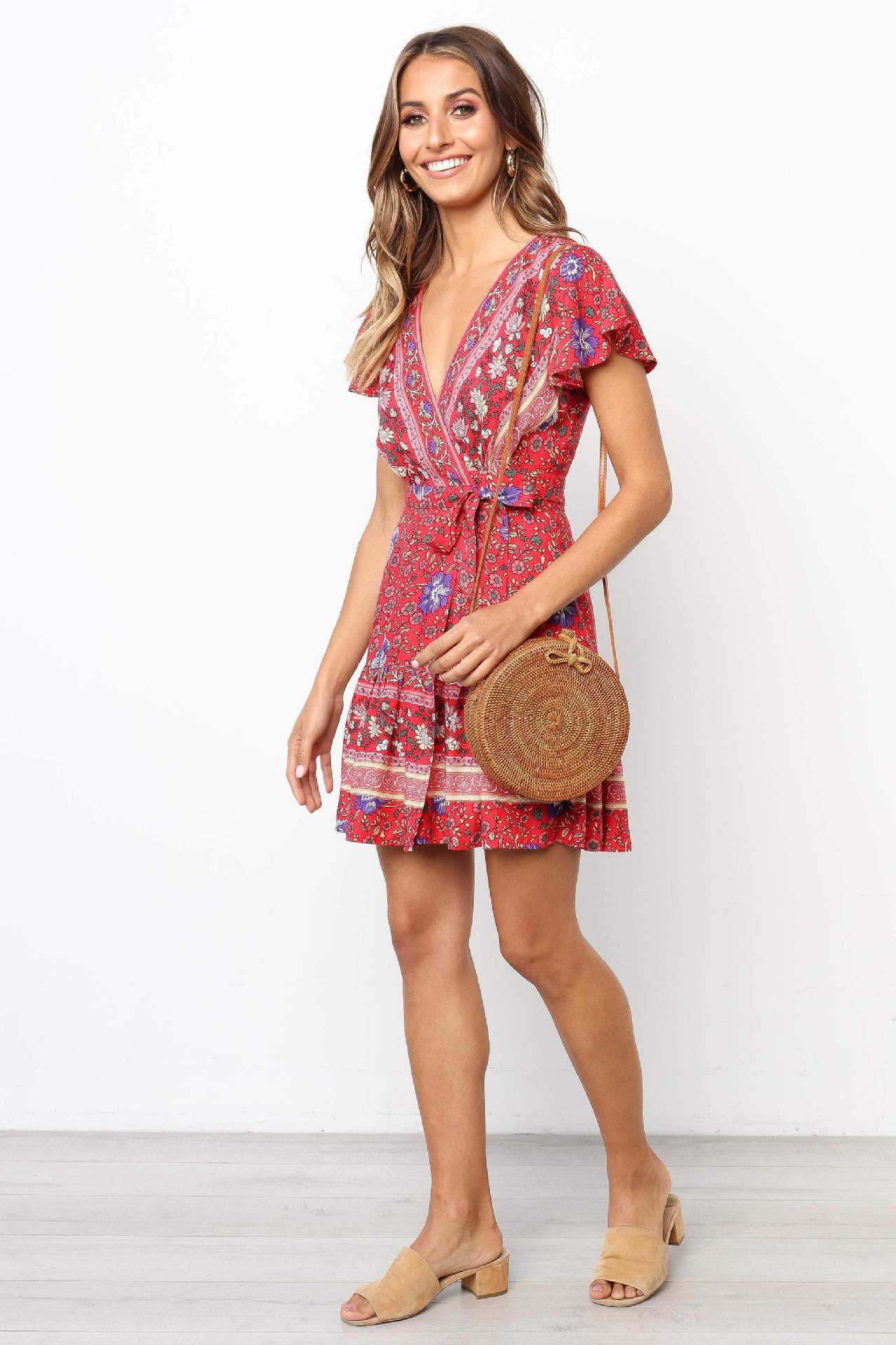 V-neck Short-sleeved Floral Sexy Dress CD388