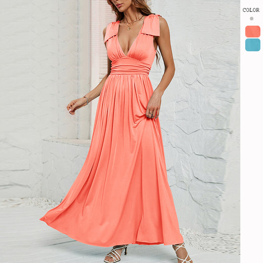Women's Solid Deep V-Neck Waist Dress CD578