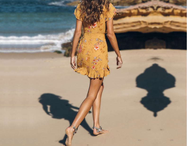 Floral V-neck Short-sleeved Ruffled Dress CD394