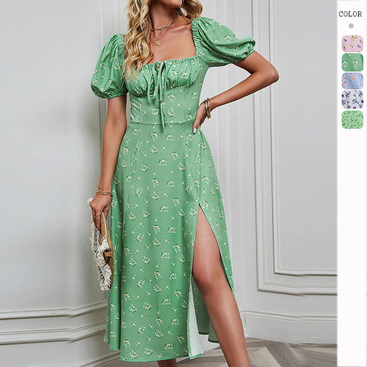 Women's Bubble Sleeve Bra Split Floral Dress CD512