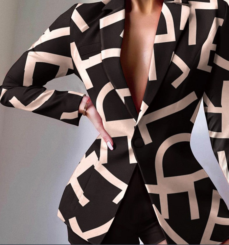 Women's V-Neck Patterned Suit Jacket & Pant Sets