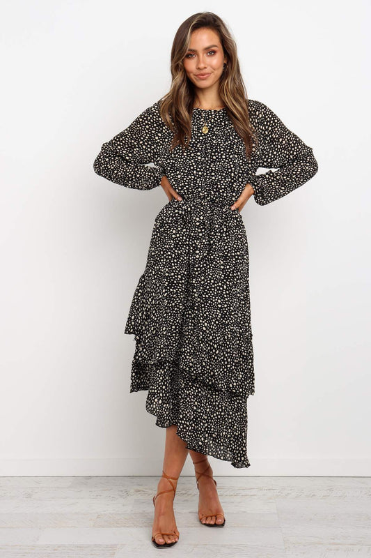 Printed Round Neck Ruffle Long Sleeve Dress CD358