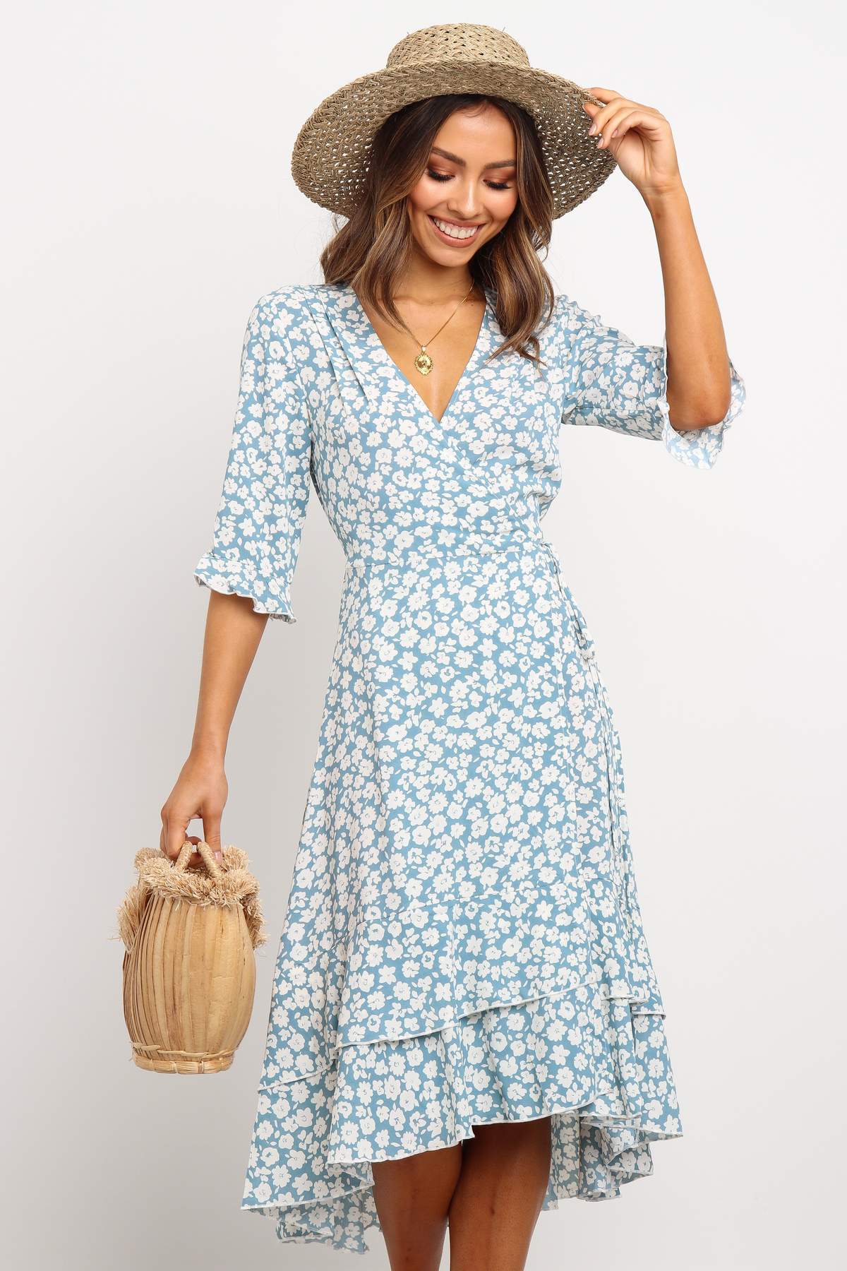 Floral V-neck Ruffled Short-sleeved Dress CD401
