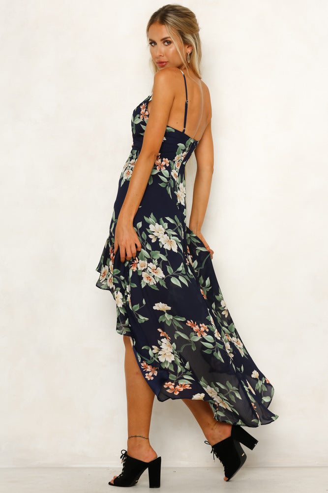 Sexy Printed Strap V-Neck Ruffle Dress CD325