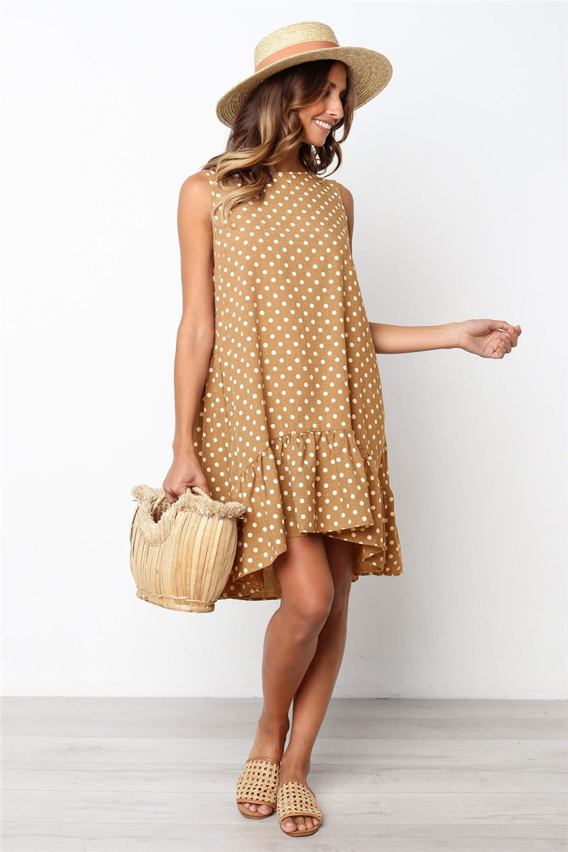 Sleeveless Crewneck Polka Dots Print Dress CD392