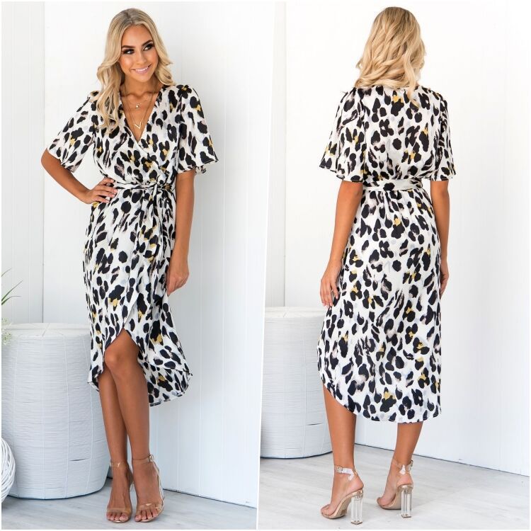 V-neck Short Sleeve Leopard Print Irregular Dress CD367
