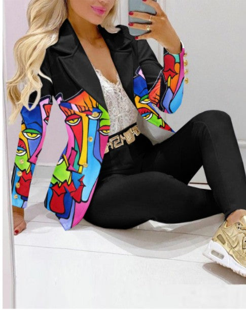 Women's Lapel Neck Patterned Suit Jacket & Pant Sets