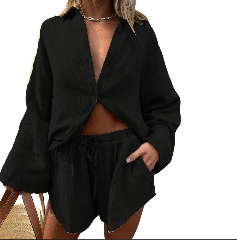 Women's Long-Sleeved Top & Drawstring Shorts Sets