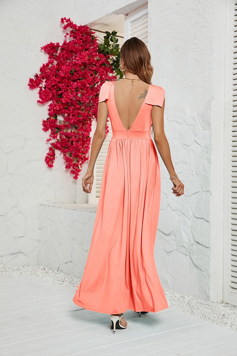 Women's Solid Deep V-Neck Waist Dress CD578
