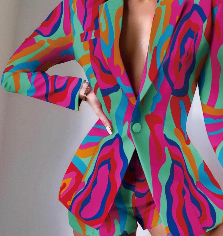 Women's V-Neck Patterned Suit Jacket & Pant Sets