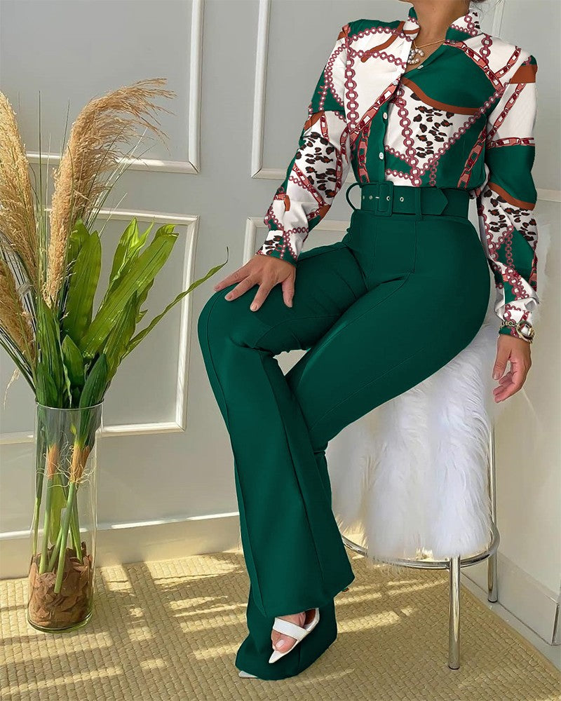 Lady's Embroidered Blouse & Pant Sets with Belt