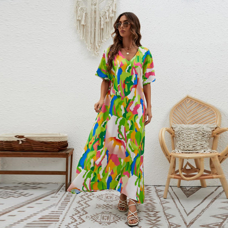 Women's Printed Loose Swing Short Sleeve Dress CD511