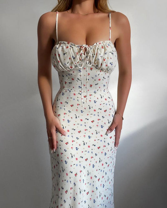 Suspender Sleeveless Floral V-neck Lace-up Pleated Dress CD320