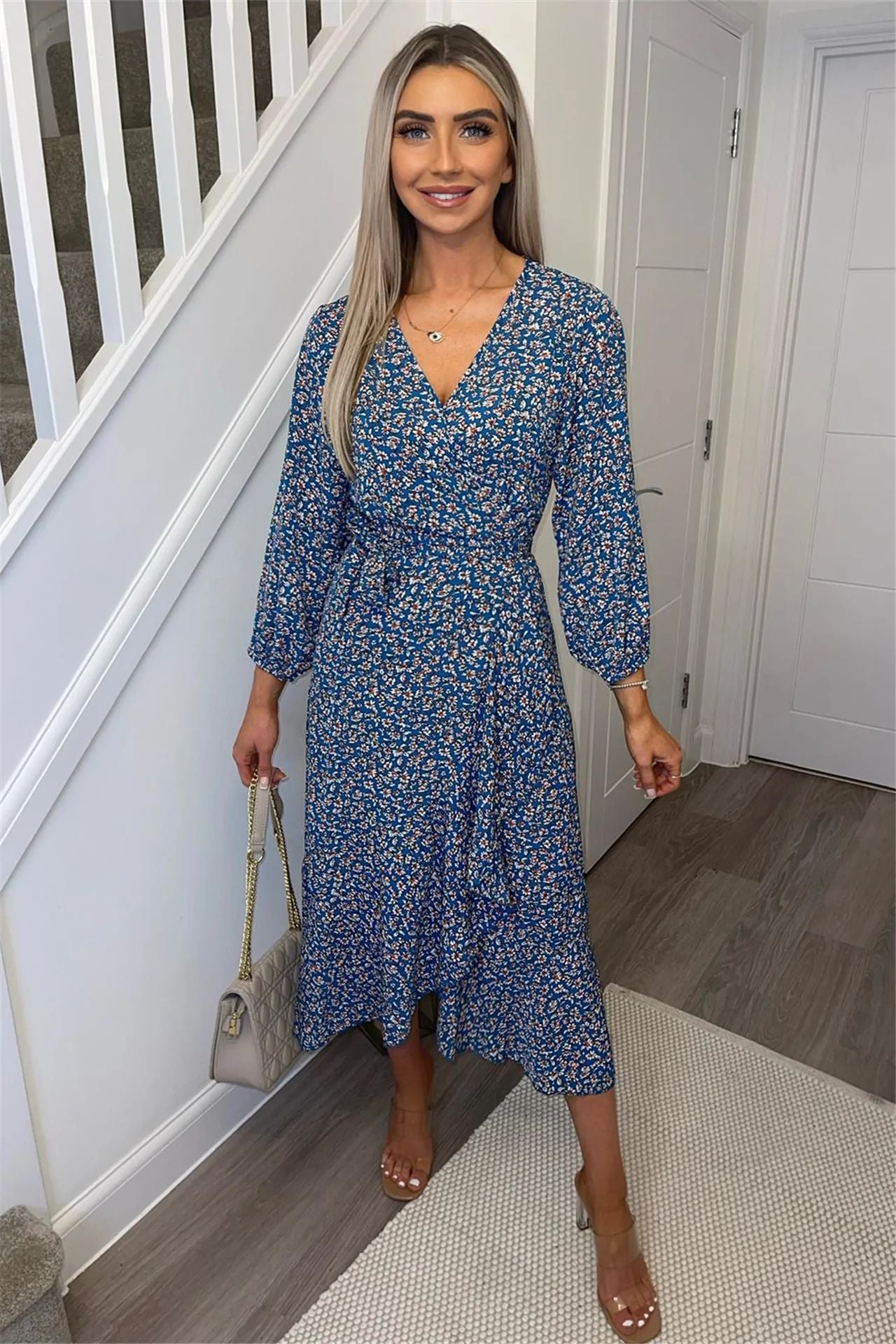 V-neck Floral and Lotus Leaf Lace Up Irregular Dress CD330