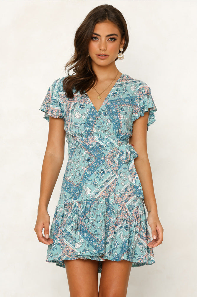 V-neck Ruffled Short Sleeved Printed Dress CD354