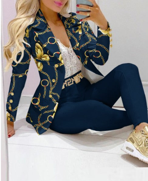 Women's Lapel Neck Patterned Suit Jacket & Pant Sets