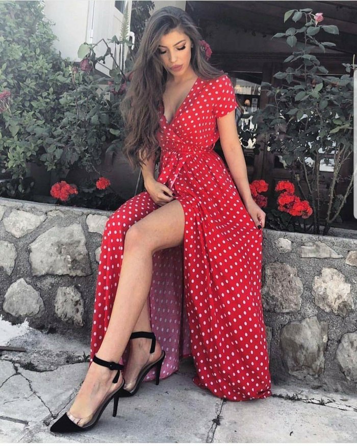 Polka Dot Printed Low Cut Short Sleeved Slit Dress CD310
