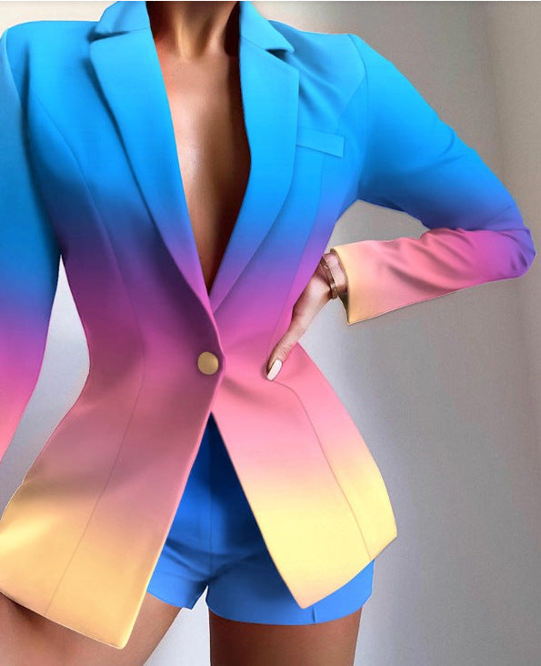 Women's V-Neck Patterned Suit Jacket & Pant Sets