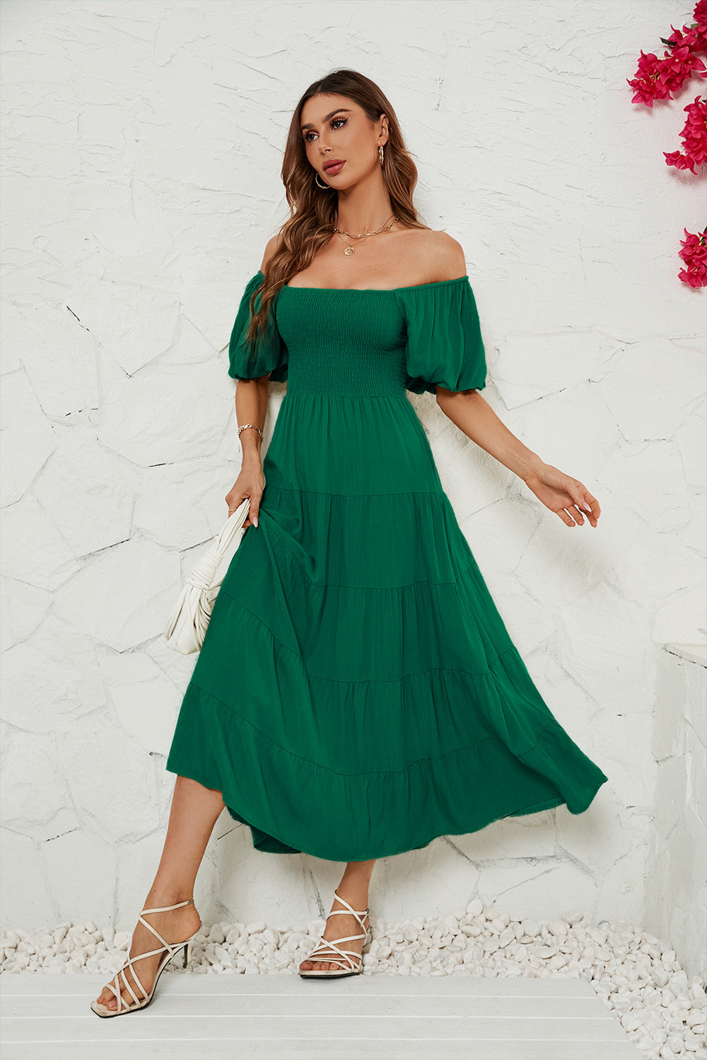 Women's High Waist Bubble Sleeve Wrap Up Dress CD551
