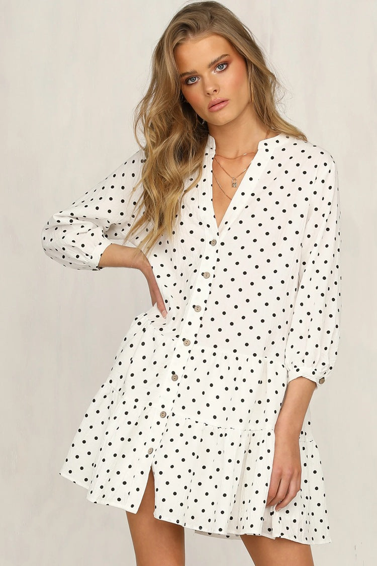 Polka Dot Printed Shirt Collar Long Sleeved Dress CD355