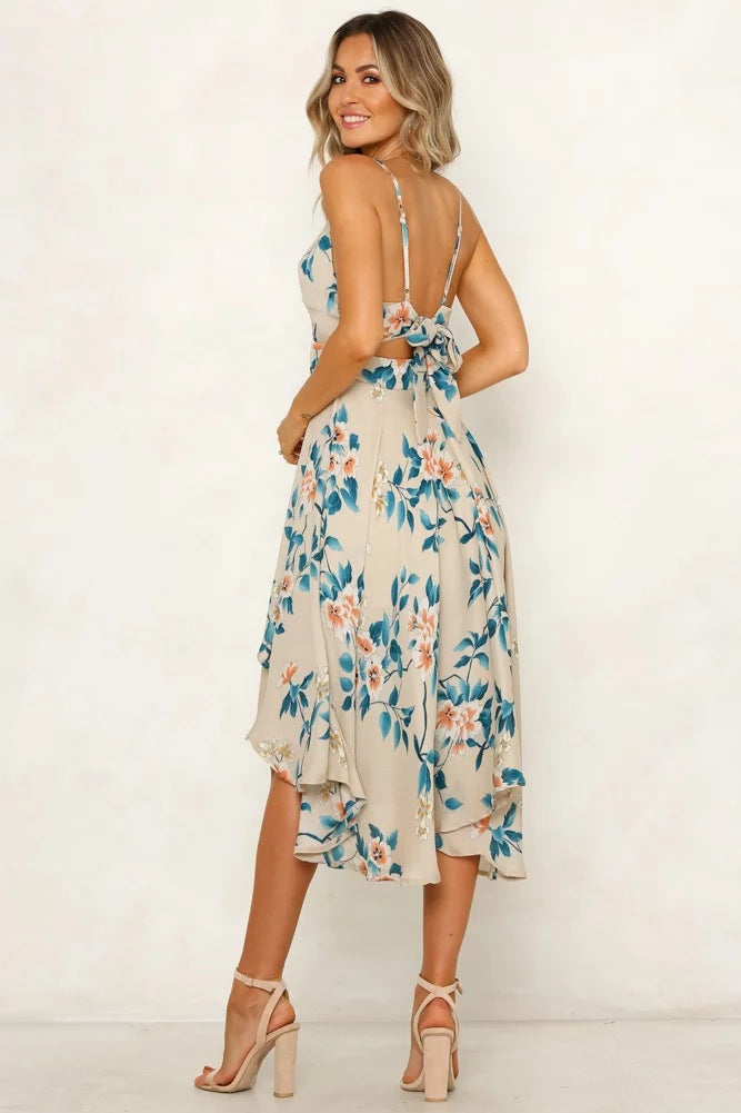 Strap Sleeveless V-neck Printed Irregular Dress CD357