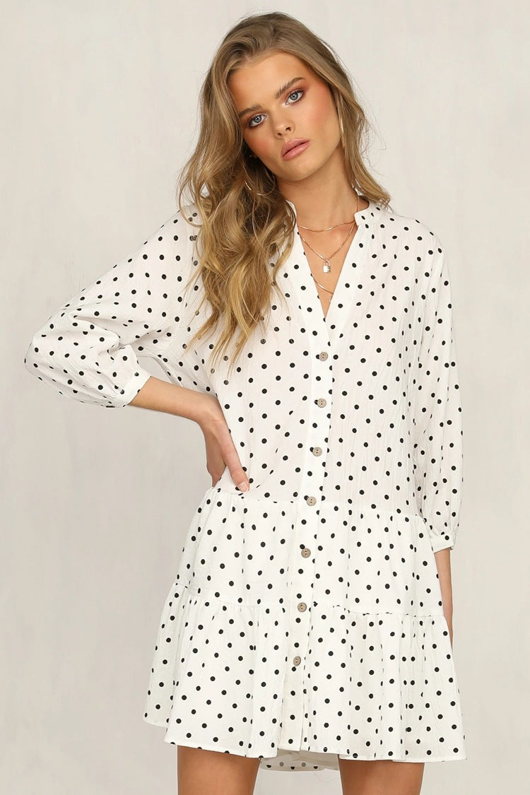 Polka Dot Printed Shirt Collar Long Sleeved Dress CD355