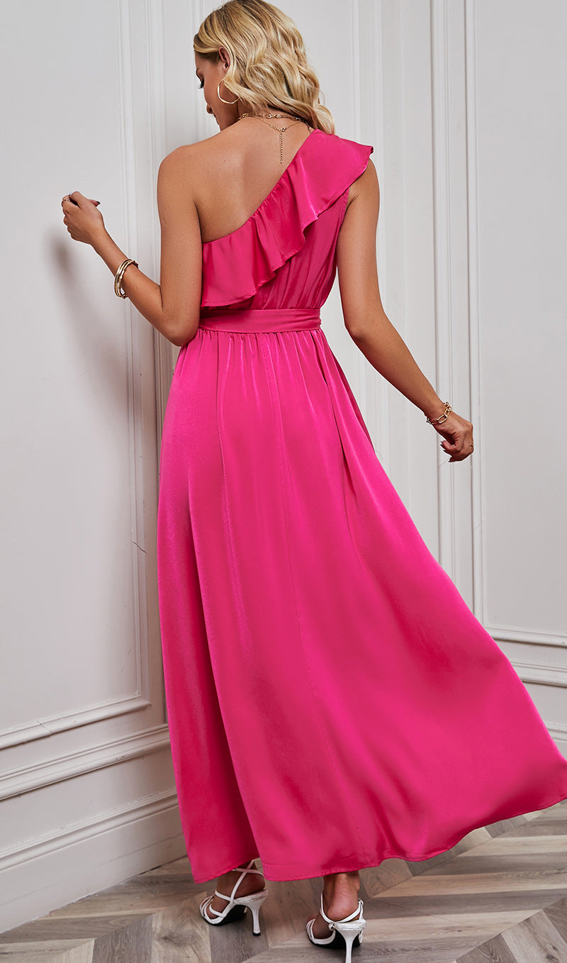 Women's Lace-up Slanted Shoulder Ruffle Dress CD528