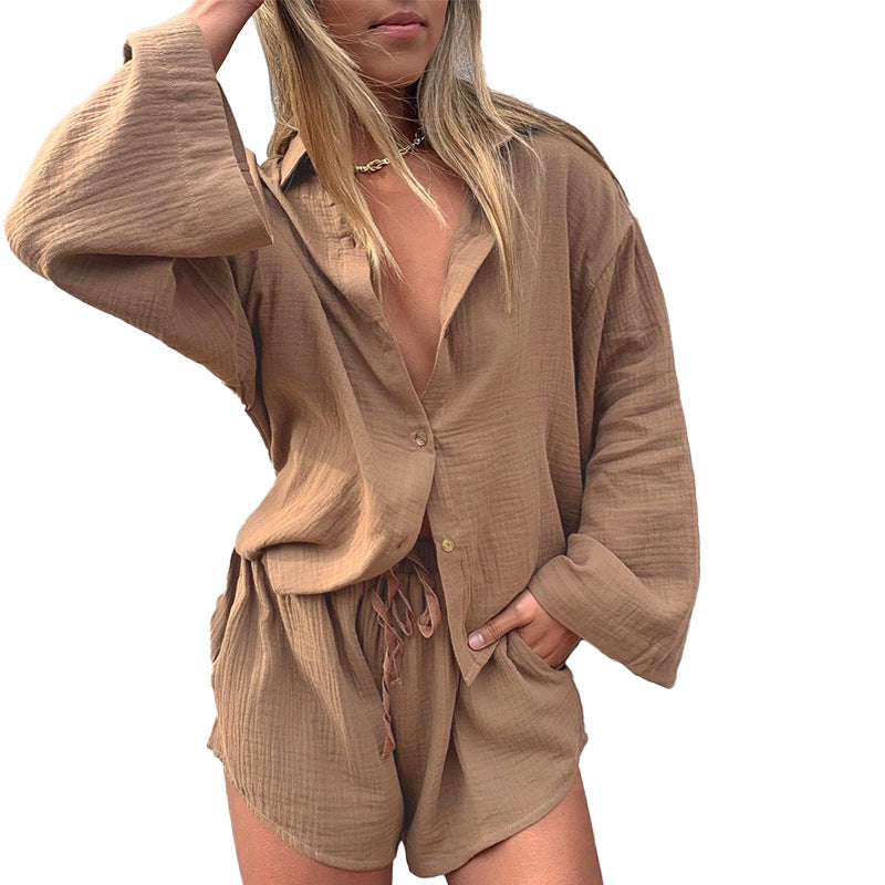 Women's Long-Sleeved Top & Drawstring Shorts Sets