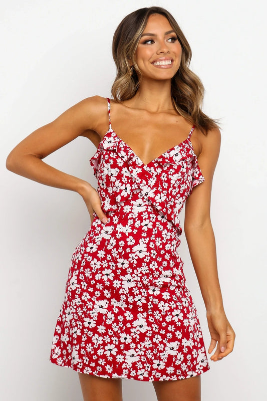 Strap Ruffled V-neck Floral Print Dress CD224