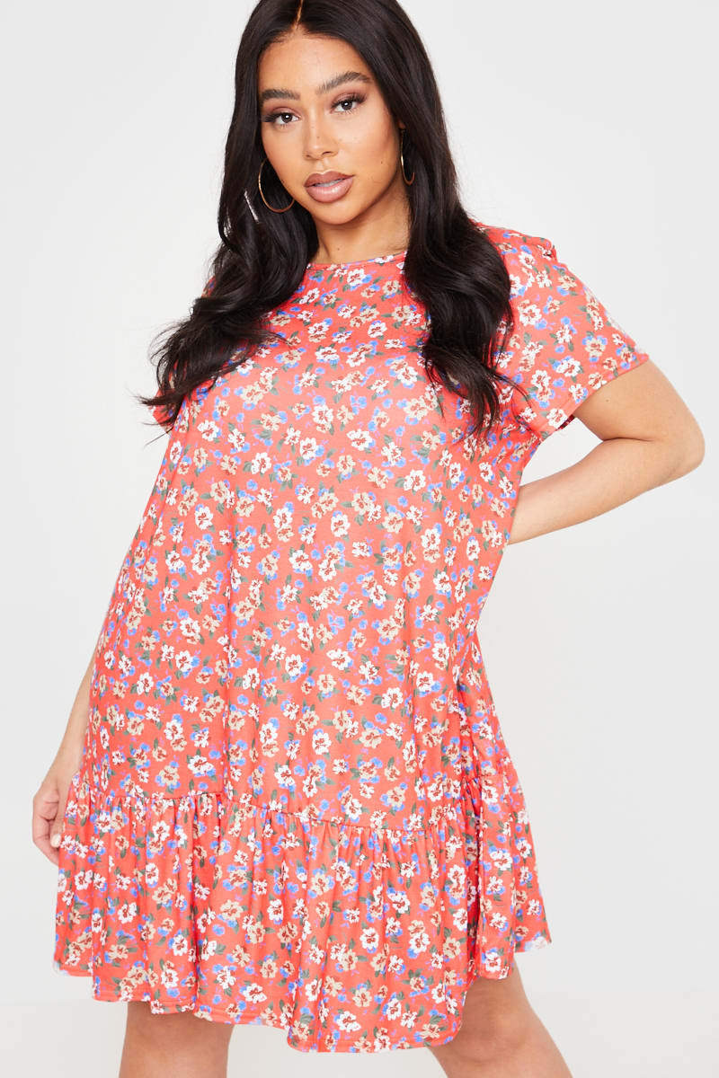 Printed Round Neck Short Sleeve Ruffled Dress CD227