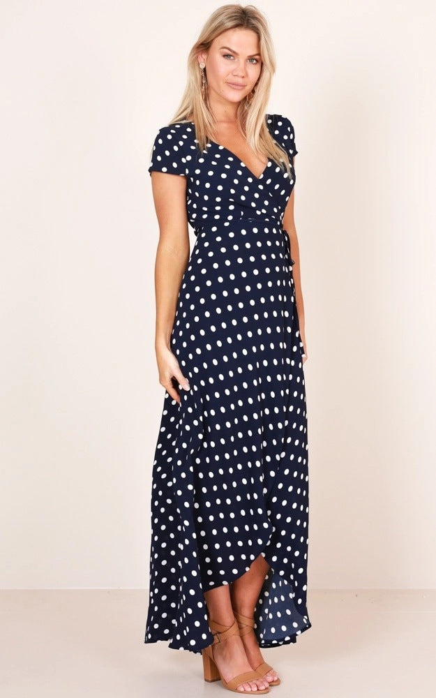 V-neck Polka Dot Short Sleeve Large Dress Long Dress CD300