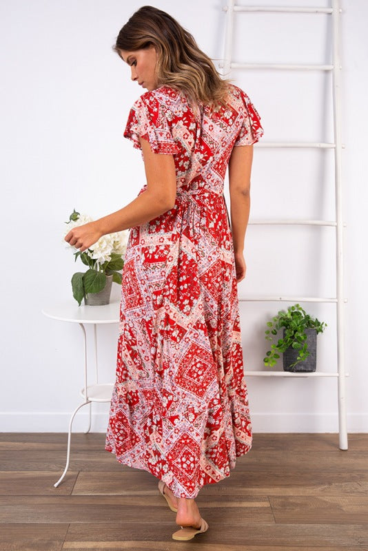 Printed Sexy V-neck Short Sleeved Dress CD324