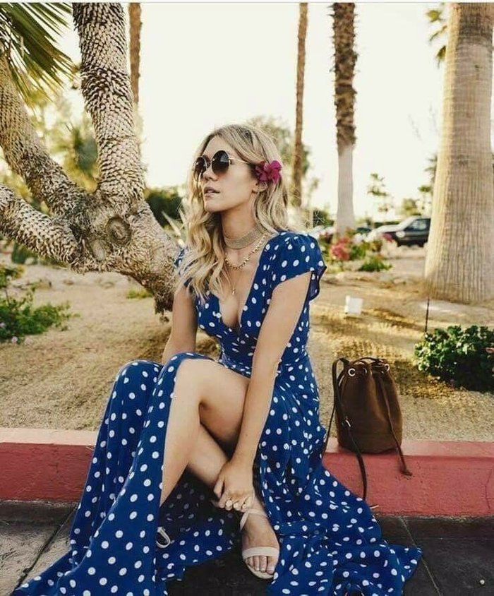 Polka Dot Printed Low Cut Short Sleeved Slit Dress CD310