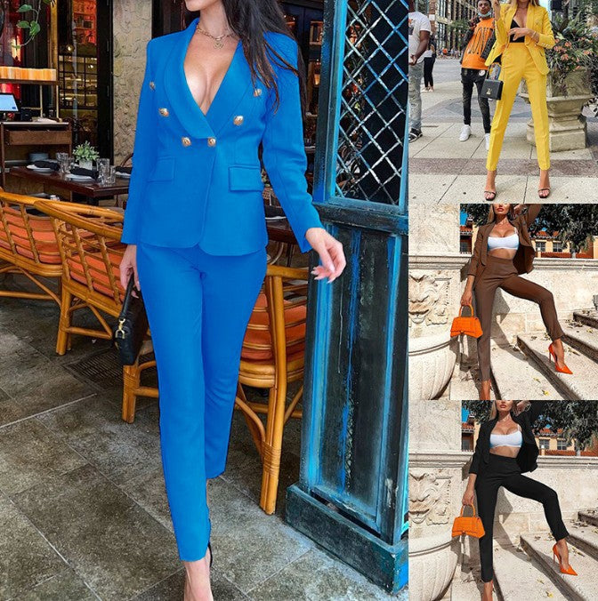 Professional Deep V-Neck Suit Jacket & Pant Sets
