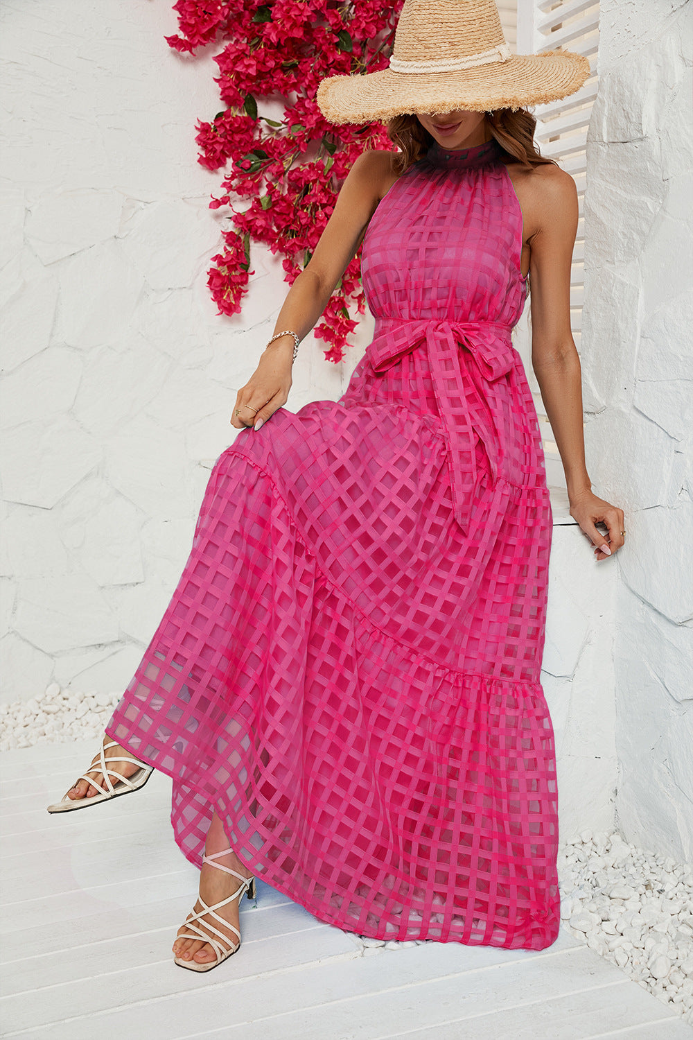 Women's Round Neck Ruffled Lace-up Dress CD554