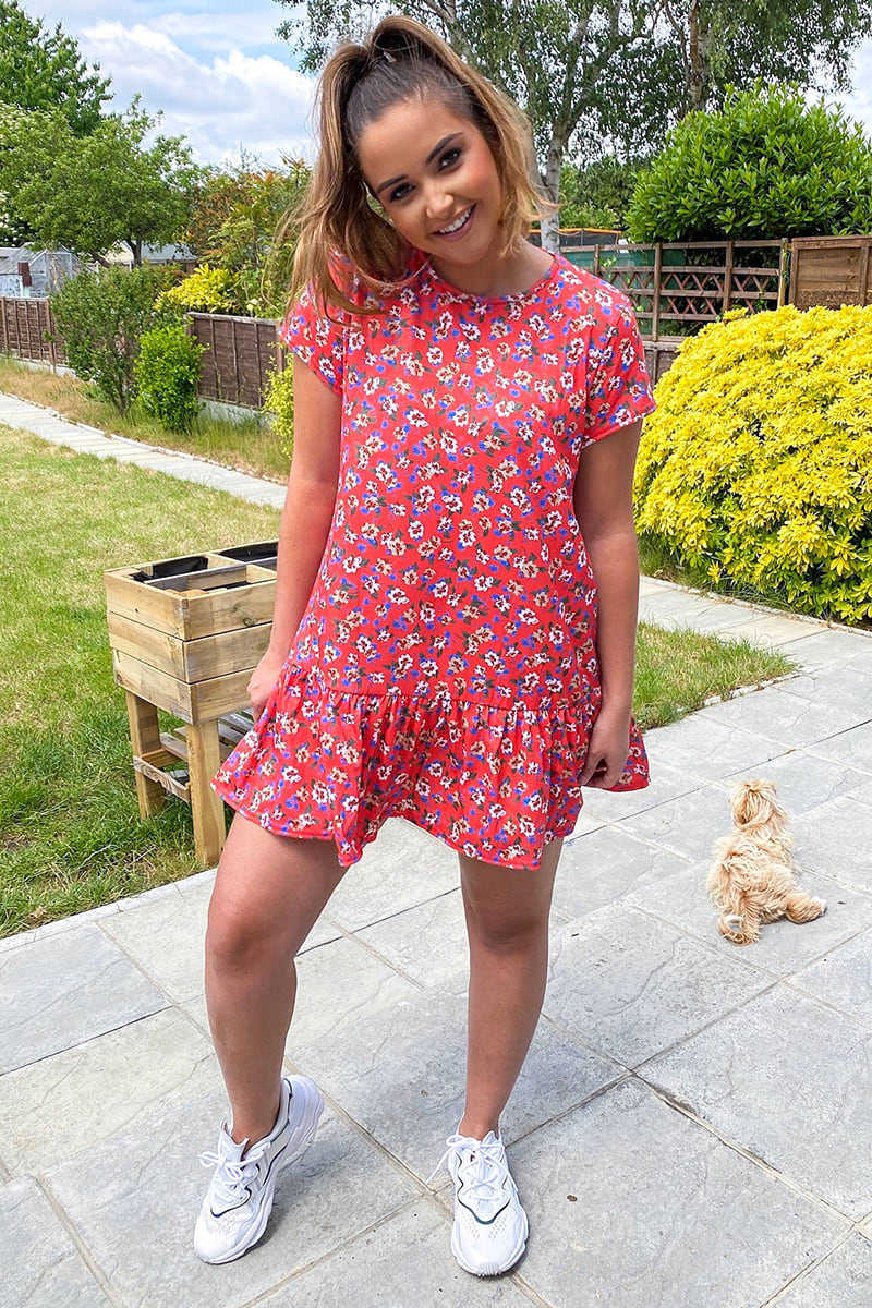 Printed Round Neck Short Sleeve Ruffled Dress CD227