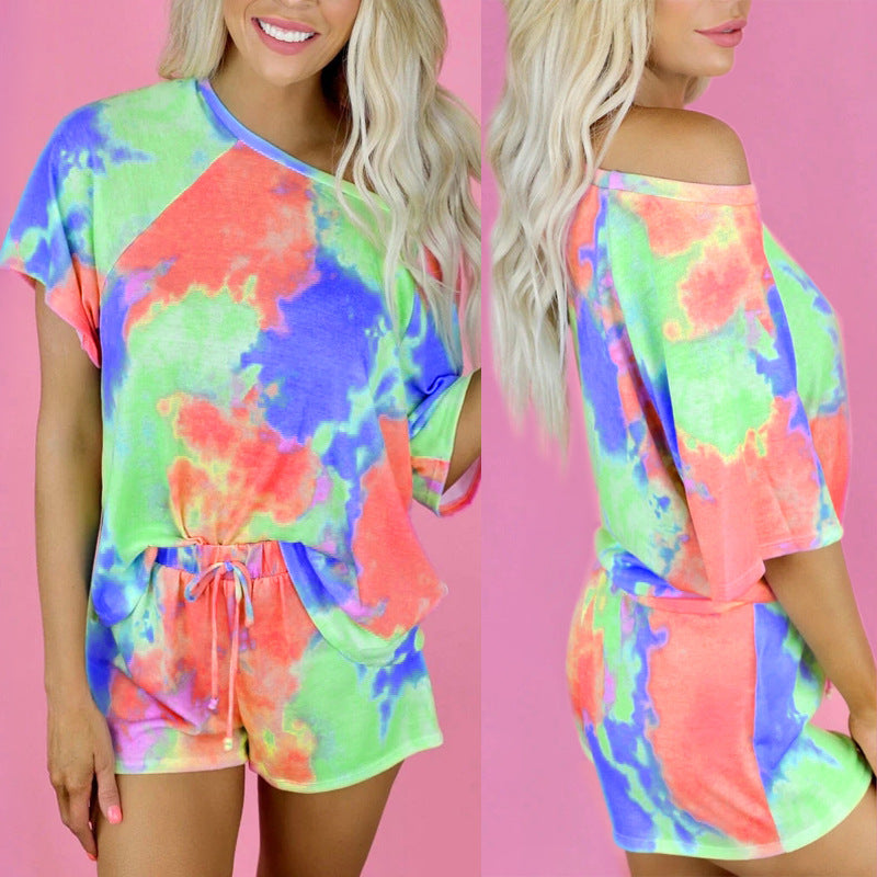 Tie-dyed Printed Short Sleeved Round Neck Suit CD625