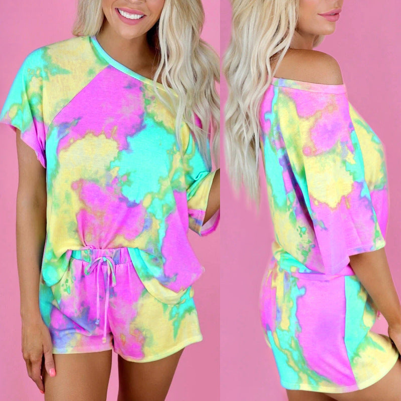 Tie-dyed Printed Short Sleeved Round Neck Suit CD625