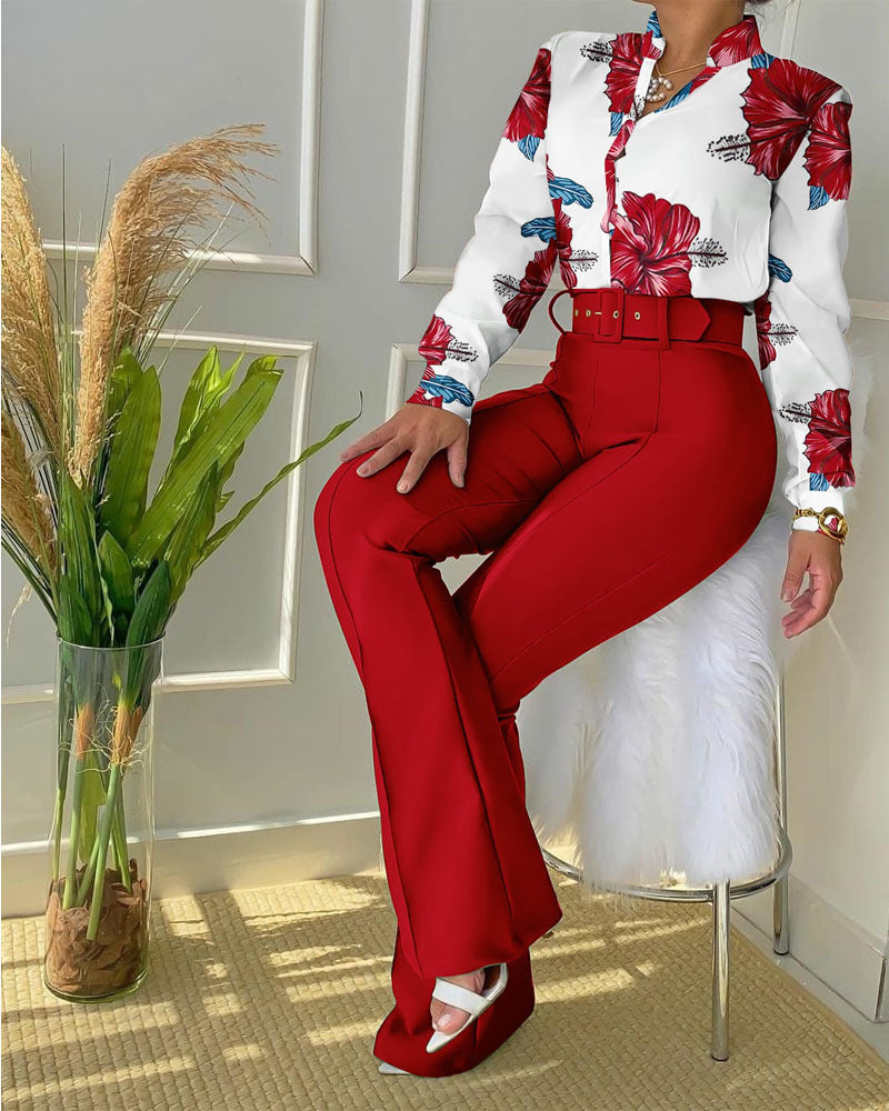 Lady's Embroidered Blouse & Pant Sets with Belt