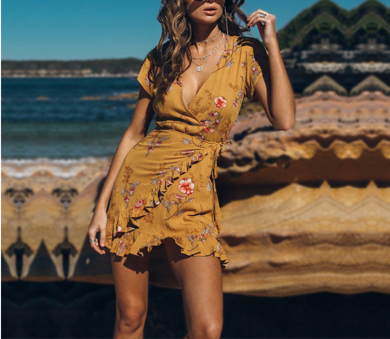 Floral V-neck Short-sleeved Ruffled Dress CD394